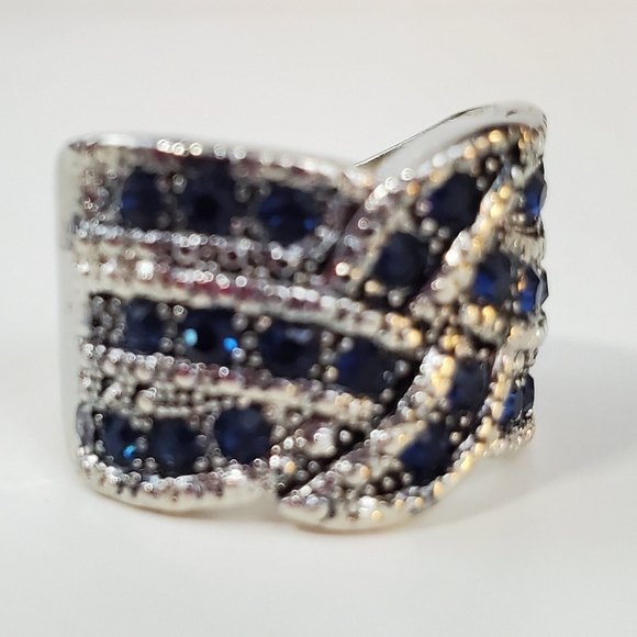 Silver Blue Wide Band Cocktail Ring Size 8 wave Silver Blue Stones - Picture 6 of 11